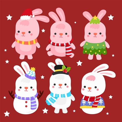 Premium Vector Cute Cartoon Rabbits Merry Christmas Vector