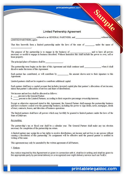 Free Printable Limited Partnership Agreement Form Generic