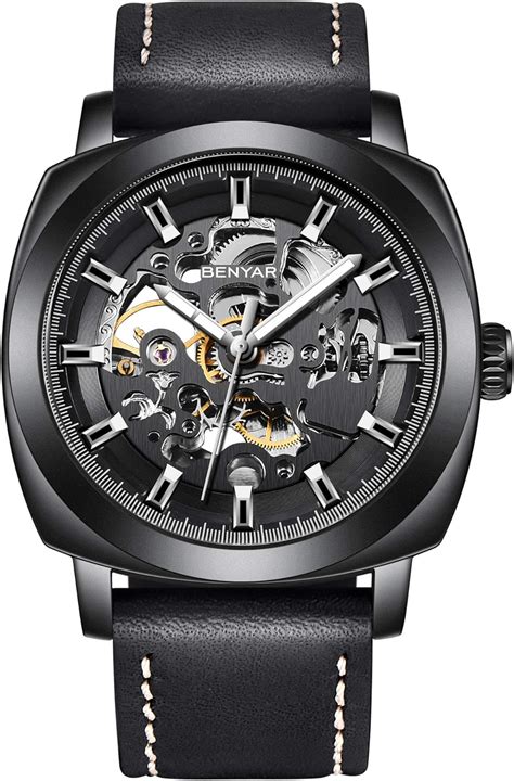 Benyar Automatic Mechanical Watches For Men Skeleton Black Leather