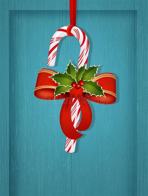 Christmas Candy Cane With Holly And Ribbon Stock Illustration