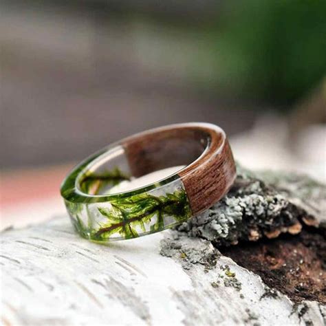Wood Resin Ring Transparent Epoxy Resin Ring Fashion Handmade Dried Flower Wedding Jewelry Love