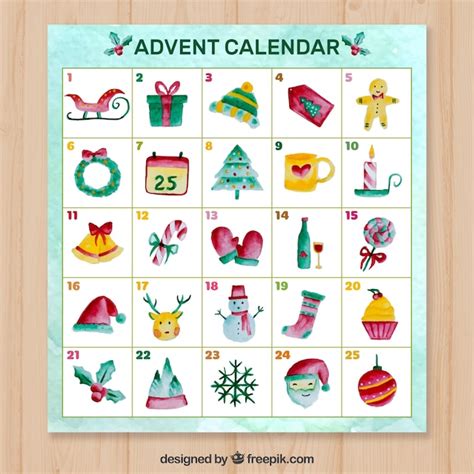 Free Vector Cute Advent Calendar In Watercolour With A Turquoise Frame