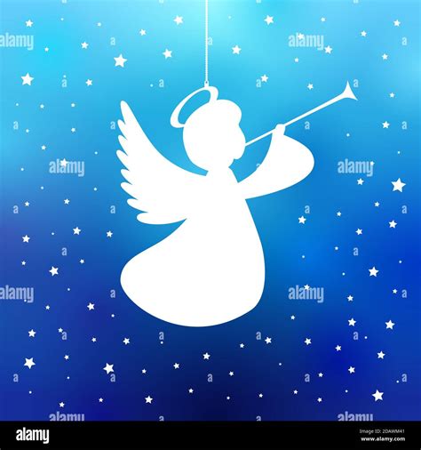 Flying Angel With Trumpet On A Navy Blue Background White Isolated