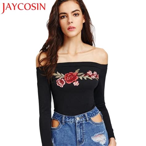 jaycosin 2017 new women appliques long sleeve slash neck tops fashion tight print dropshipping
