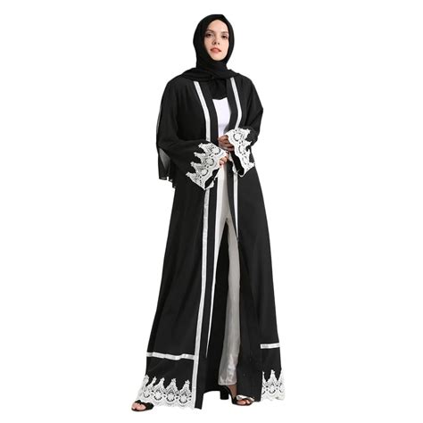 Muslim Women Maxi Dress Open Abaya Islamic Clothing Lace Jilbab Sashes