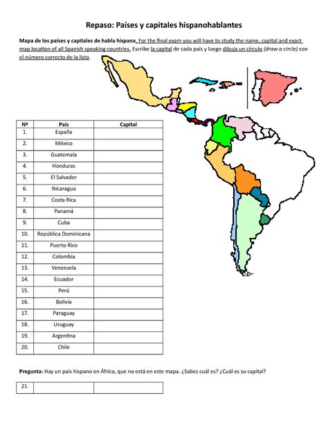 Spanish 2 Lecture Repaso Países Y Capitales Hispanohablantes Mapa