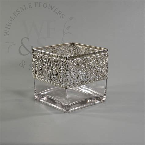 6 Square Glass Cube Vase With Metallic Silver Band Wholesale