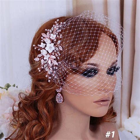 Bridal Birdcage Veil Wedding Bird Cage Veils Hair Hairpiece Floral Rose Gold Accessory Jewelry