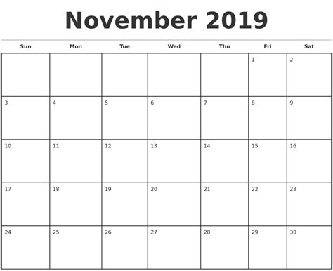 November 2019 Monthly Calendar Template