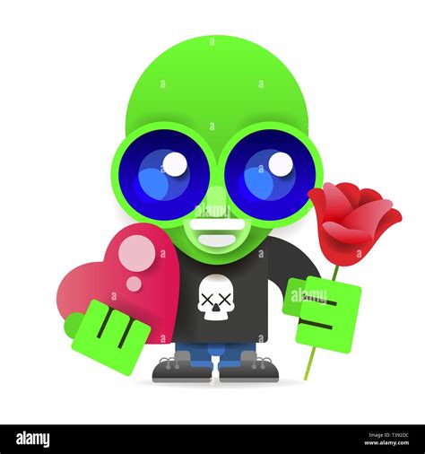 Green Alien With Flowers And Heart Vector Illustration On White