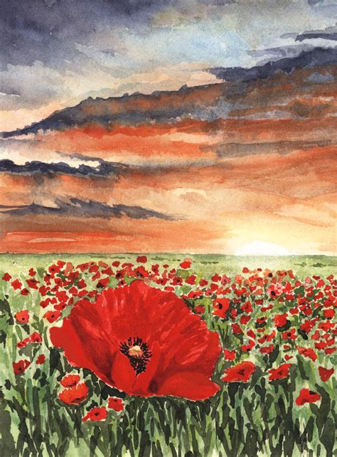 Field Of Poppies Watercolor Painting Watercolor Art And Collectibles