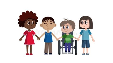 Disabled Boy In A Stroller And Other Children Hold Hands Inclusive