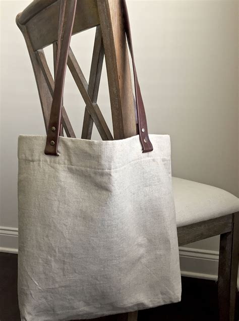 Linen Tote Bag With Brown Leather Handlestraps Etsy Linen Tote Bag