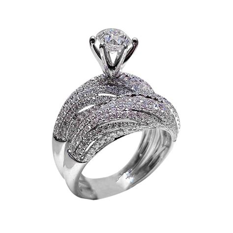 Boho Female Crystal White Round Ring Set Brand Luxury Promise Silver