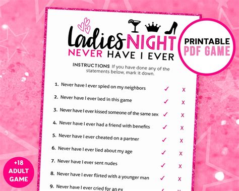 Ladies Night Games Never Have I Ever Printable Game Girls Night Party