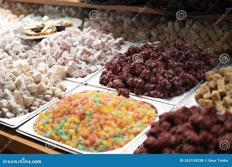 Traditional Turkish Delight On Counter In Istanbul Grand Bazaar