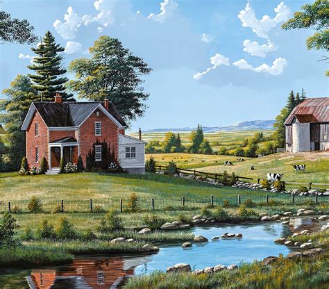 A Painting Of A Farm Scene With Cows Grazing In The Pasture And A House