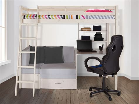 Lit mezzanine combiné avec bureau, rangements et armoire 1 porte. Lit mezzanine GOLIATH rangement 90x200cm Pin option matelas