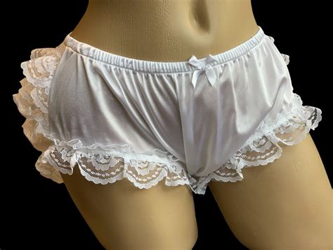 Adult Sissy Frilly Rumba Baby Panties Tricot Lace White Crossdresser