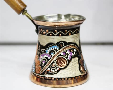 Turkish Coffee Pot Handmade Hand Painted And 100 Copper With Wooden