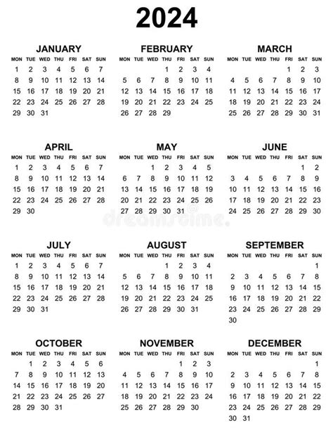 Simple Editable Vector Calendar For Year 2024 Mondays First Sundays On