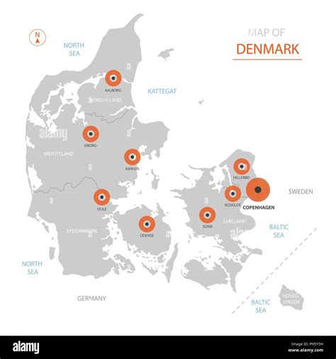 Stylized Vector Denmark Map Showing Big Cities Capital Copenhagen