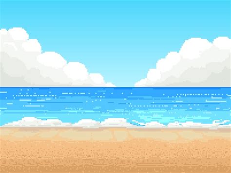 Retro Beach In Pixel Design Premium Vector
