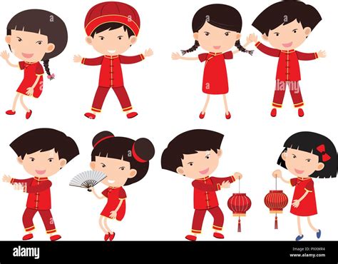 Chinese Boys And Girls In Red Outfit Illustration Stock Vector Image
