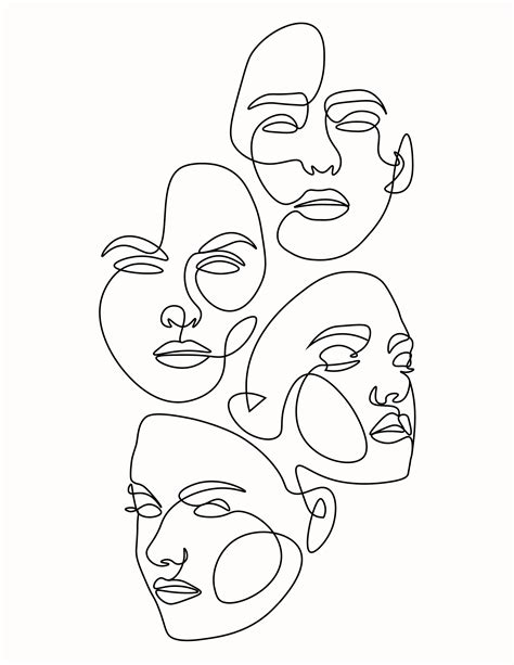 Multiple Facesas Personalities Outline Art Abstract Face Art Line
