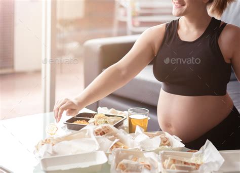 Finally Satisfied Pregnant Woman Eating Junk Food Copy Space On The