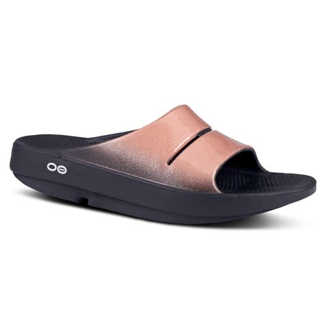 oofos ooahh luxe slide sandal gold laurie s shoes