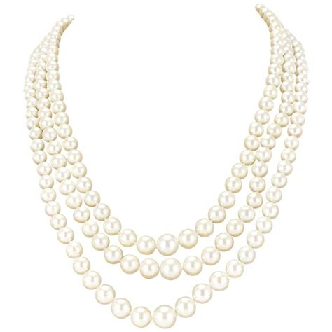 French Three Strand Japanese Cultured Round White Pearl Necklace For