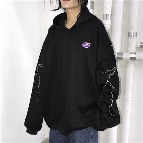 Black Lightnings Print Embroidery Oversize Sweatshirt Embroidered