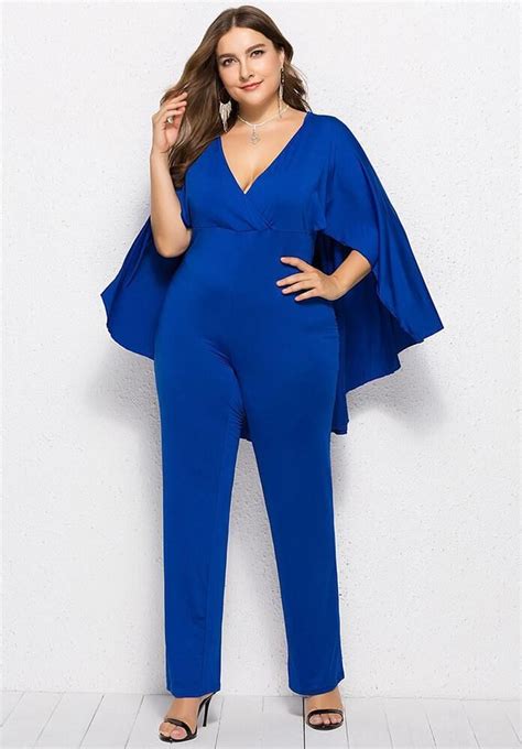 Blue Plunge Batwing Sleeves Wrap Party Cape Jumpsuit Plus Size