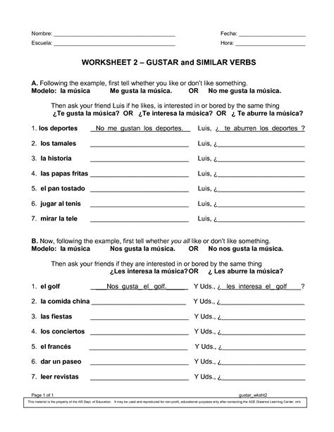 Worksheet Gustar And Similar Verbs Hot Sex Picture