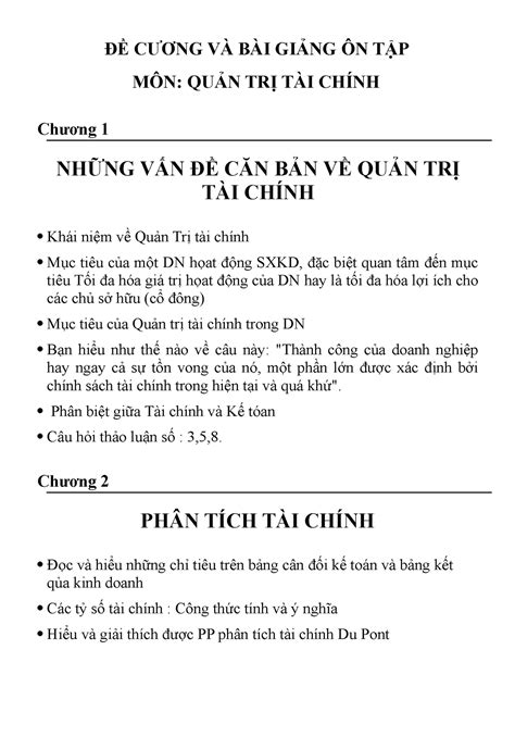 On Tap Quan Tri Tai Chinh Hay ĐỀ CƯƠng VÀ BÀi GiẢng Ôn TẬp MÔn QuẢn TrỊ TÀi ChÍnh Chương 1