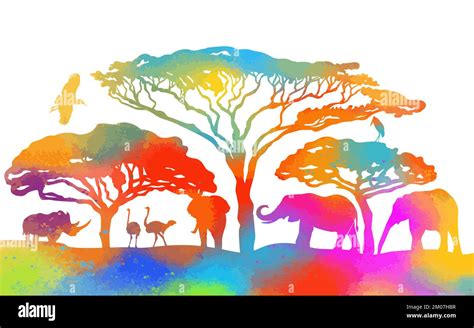 African Colorful Animals African Landscape Vector Illustration Stock
