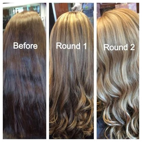 Like a warm brown with blonde roots or black with blonde roots? In order to go from brunette to blonde it can take a few ...