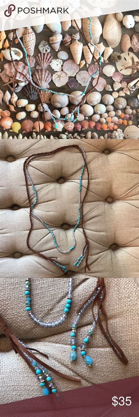 Leather Turquoise Crystal Lariat Boho Necklace