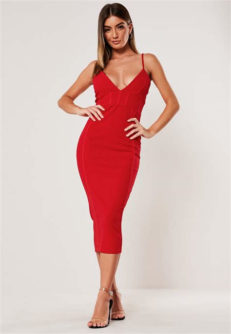 Red Corset Detail Bodycon Midi Dress Missguided