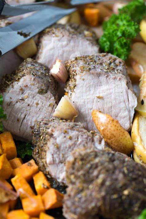 Arrange the carrots, potatoes, and celery around the tenderloin. ONE PAN ROASTED PORK WITH SWEET POTATO, PEAR, APPLE AND ...