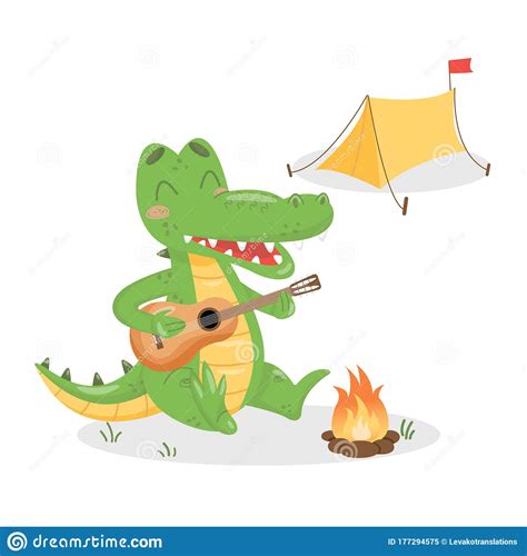 Vector Crocodile Playing Guitar And Singing Near The Fire Stock