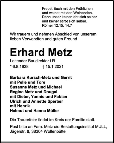 Traueranzeigen Von Erhard Metz Trauer38 De