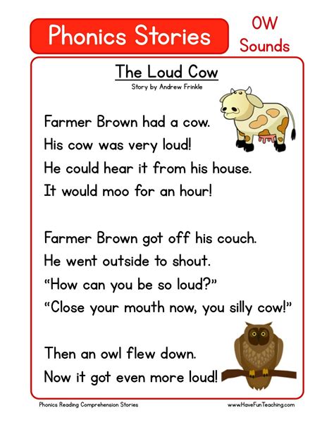 Reading Comprehension Worksheet The Loud Cow Phonics Reading