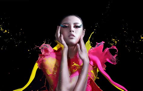 Wallpaper Painting Women Model Black Background Open Mouth Asian