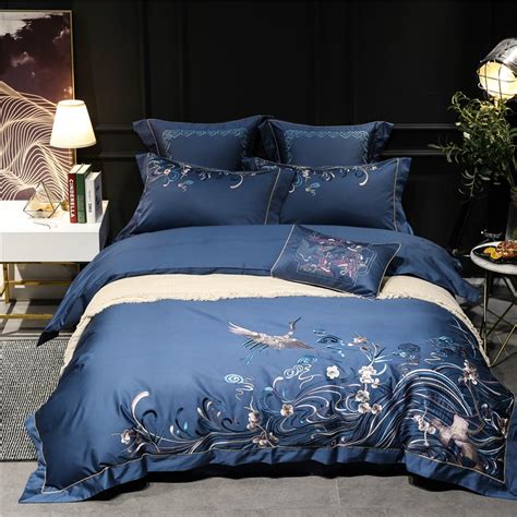 Oriental Embroidery 100s Egyptian Cotton Blue Luxury Bedding Set 47pcs