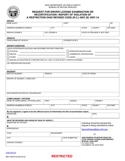 Form BMV 2308. Request for Driver License Exam or Recertification