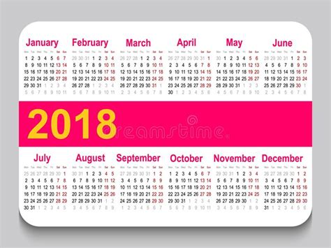 2018 Pocket Calendar Template Calendar Grid Horizontal Orientation