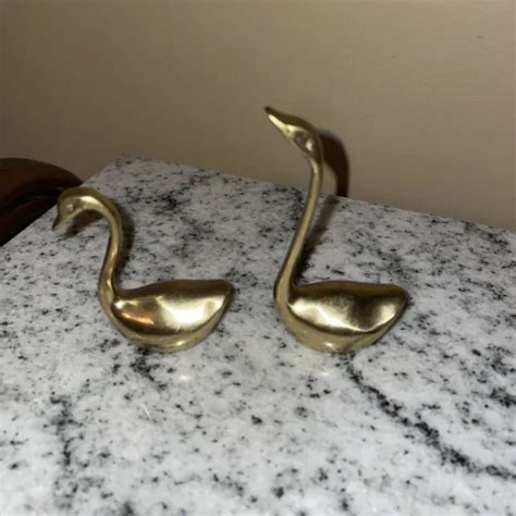 Vintage Pair Solid Brass Swans Geese Mini Figurines Mid Century Modrn