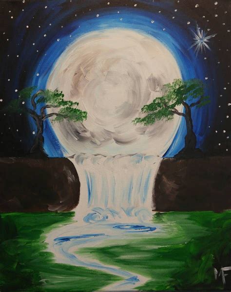 Waterfall In Moonlight Small Canvas Art Moonlight Painting Canvas Art